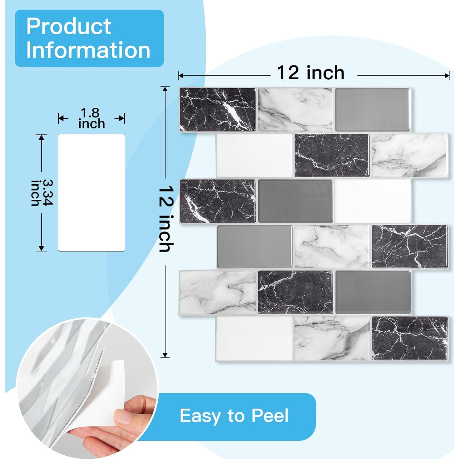 Azulejos de Pared Autoadhesivos Art3d 30.48cm Mármol Negro Blanco Gris