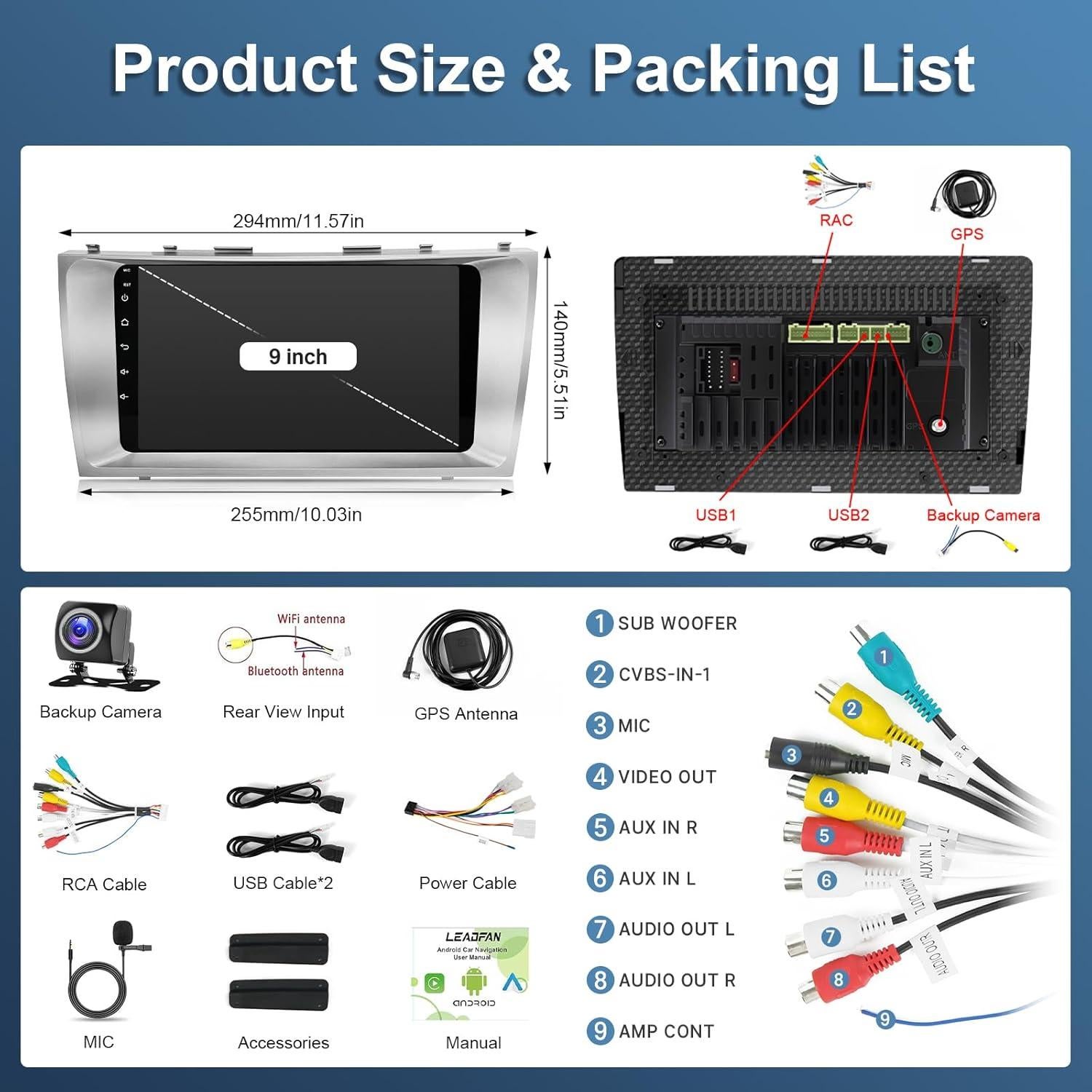Radio de Coche Leadfan para Toyota Camry 2006-2011 9" GPS Bluetooth