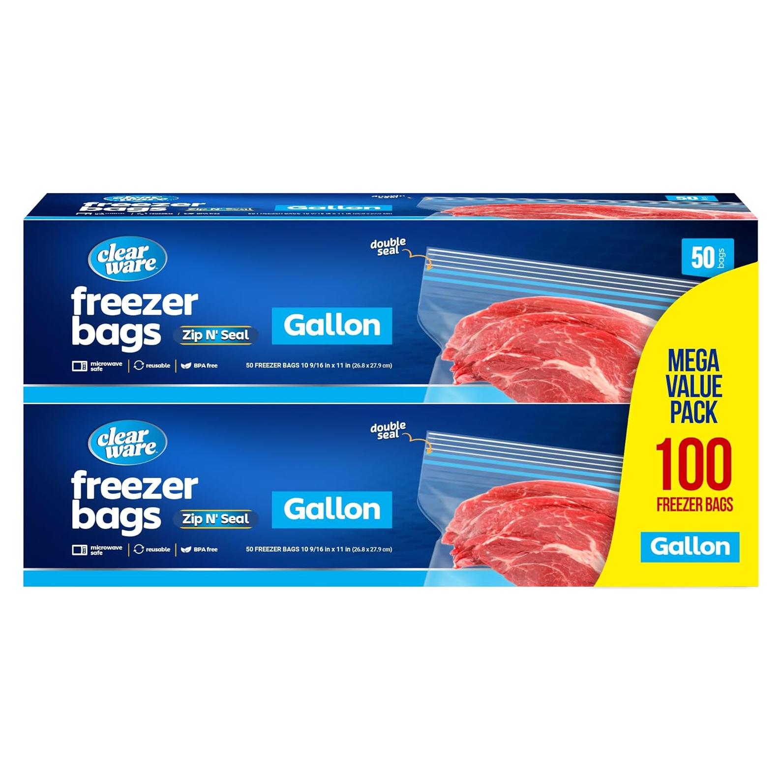 Bolsas de Congelador Reutilizables CLEARWARE - 100 Unidades, 1 Galón, Cierre Doble Cremallera, A Prueba de Microondas
