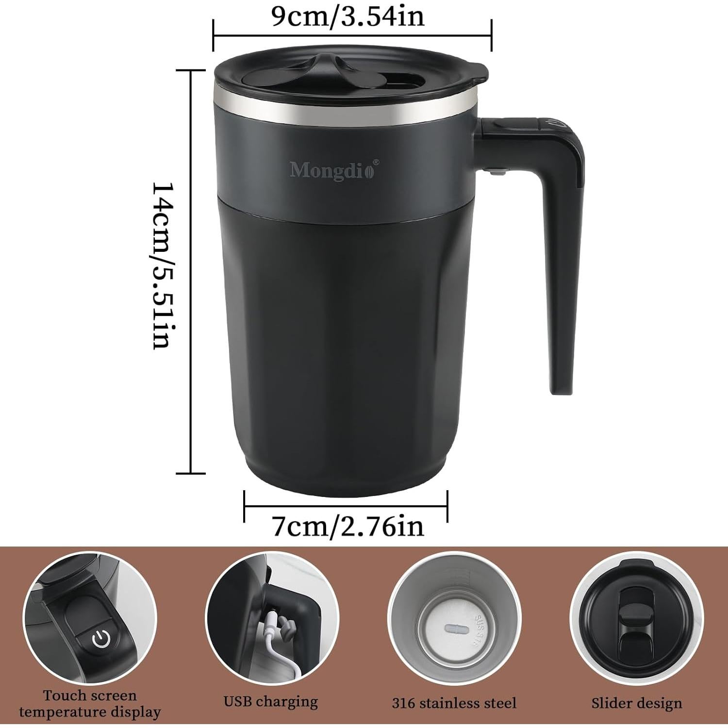 Taza de café auto mezcladora Mongdio 400ml con pantalla de temperatura