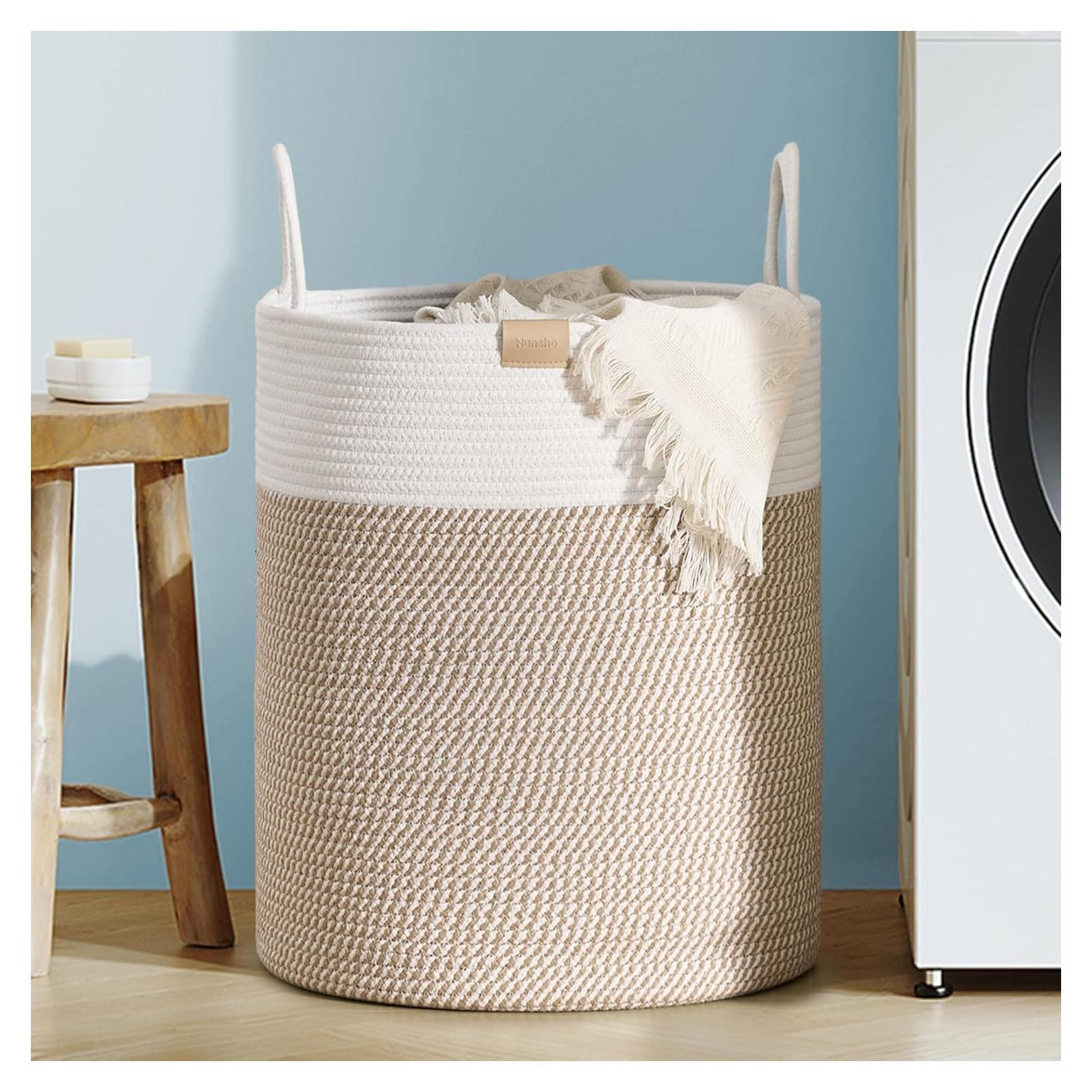 Cesta de Ropa Tejida Nunsino 62L Algodón Marrón y Blanco