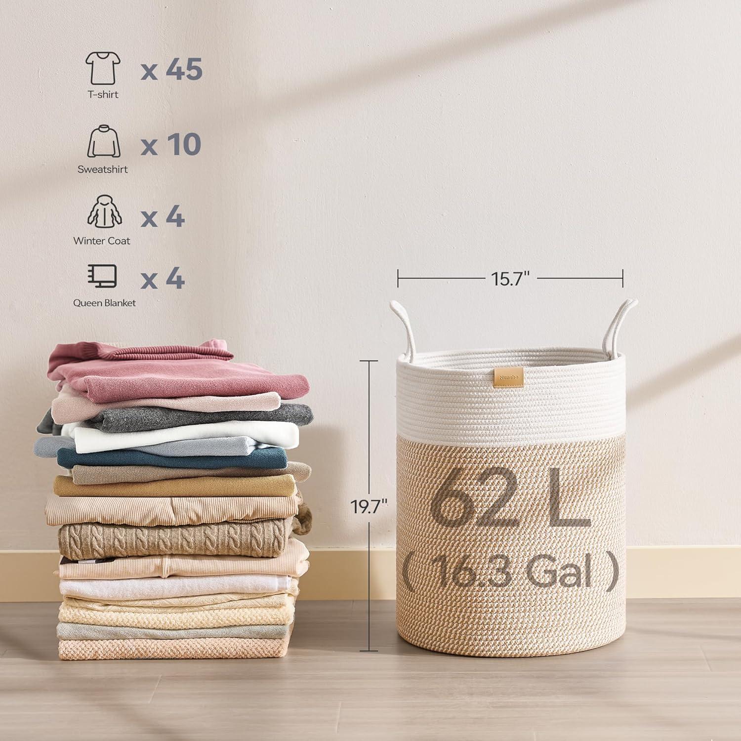 Cesta de Ropa Tejida Nunsino 62L Algodón Marrón y Blanco