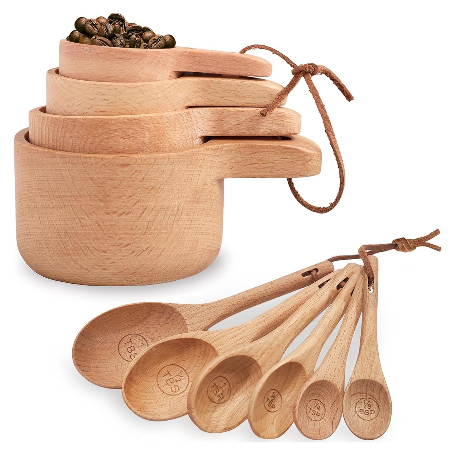 10 Piece Measuring Cups and Measuring Spoons Set, Handcrafted Wood Measuring Cups with Tablespoon Teaspoon Measuring spoons for Dry Ingredients, Natural Wooden Measuring Set for Cooking Baking