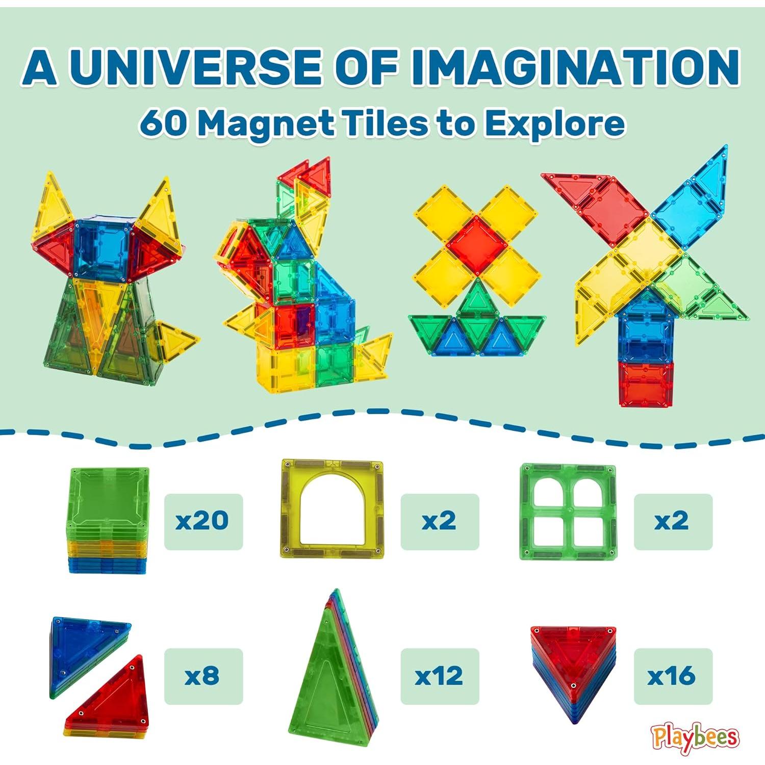 Bloques Magnéticos Playbees 60 Piezas para Niños 3-5 Años