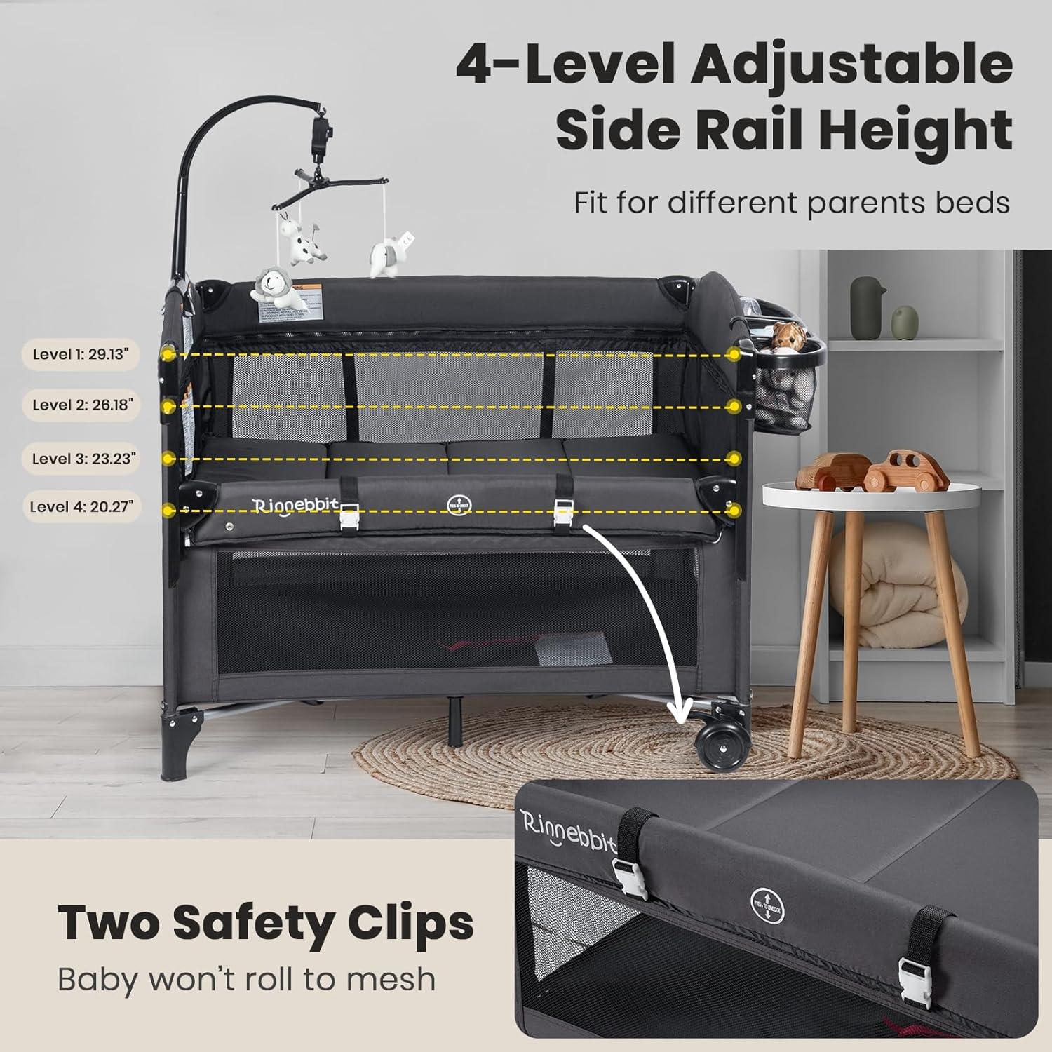 Cuna de Lado Rinnebbit 4 en 1 Plegable con Colchón y Cambiador