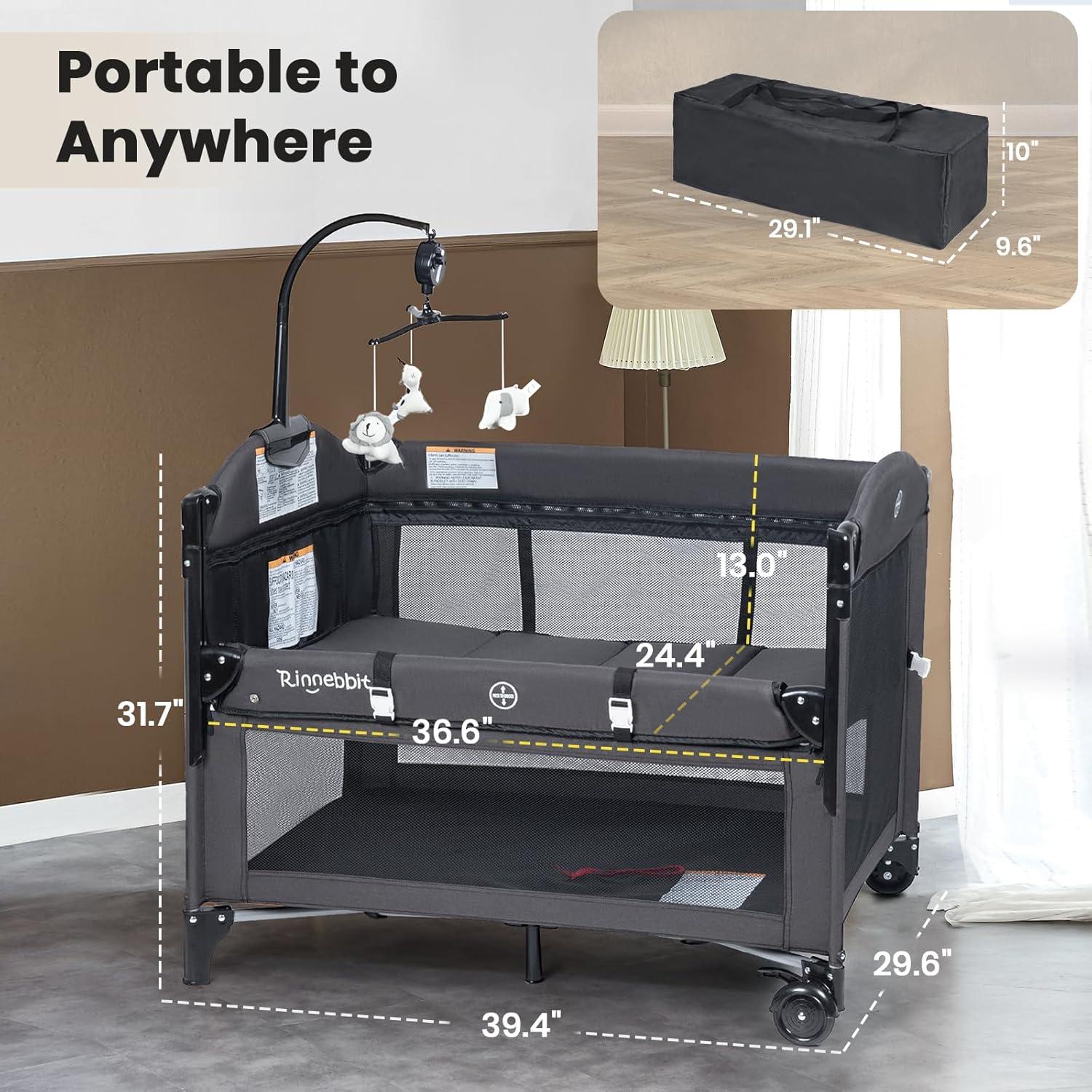 Cuna de Lado Rinnebbit 4 en 1 Plegable con Colchón y Cambiador