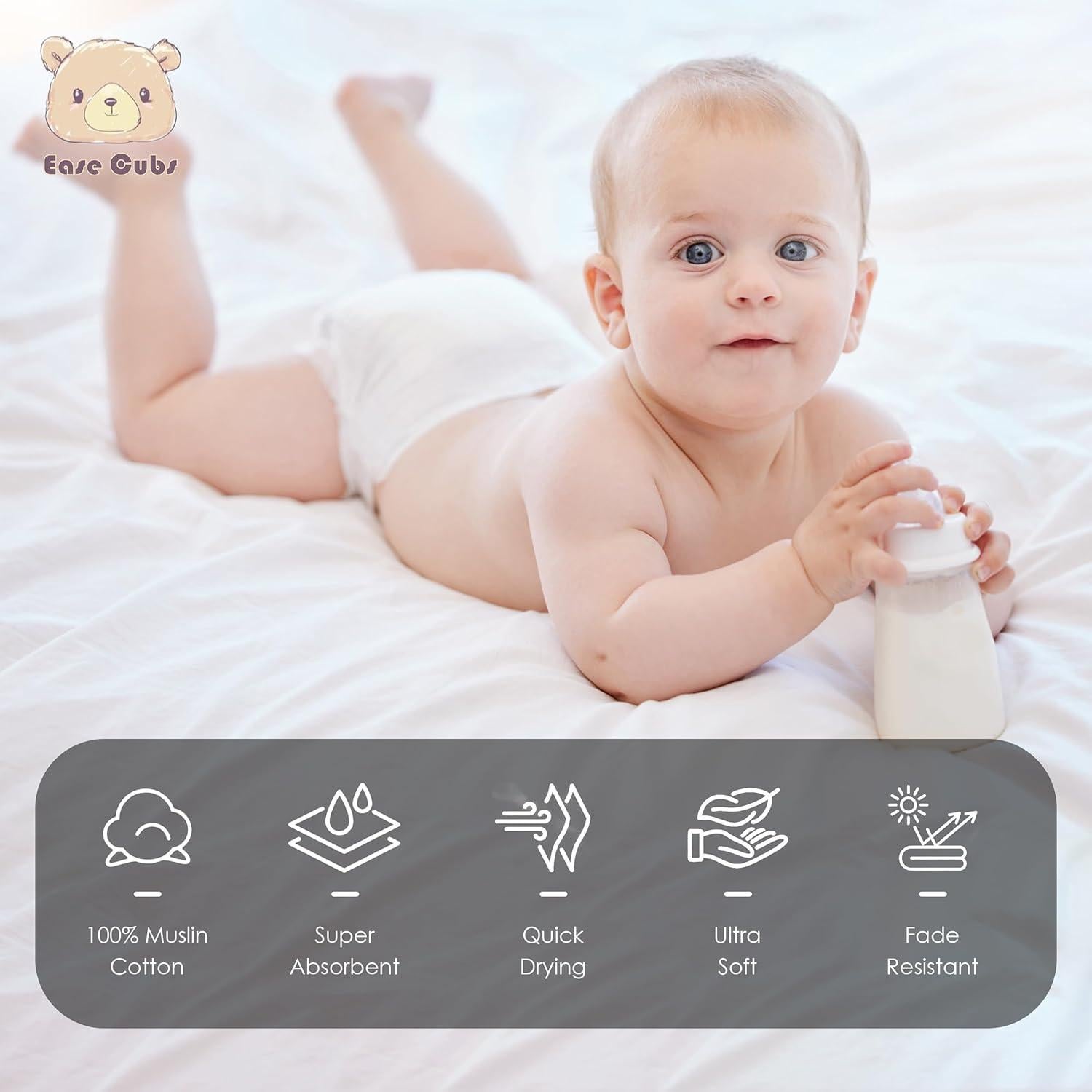 Toallitas de Muselina para Bebé Ease Cubs 100% Algodón 12 Pzas