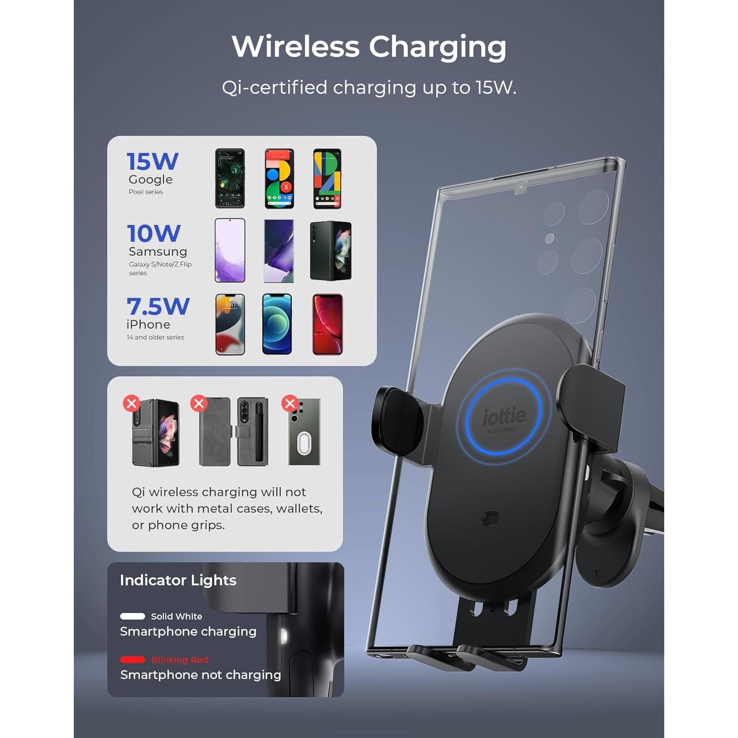 Soporte de teléfono iOttie Auto Sense 2 con carga Qi