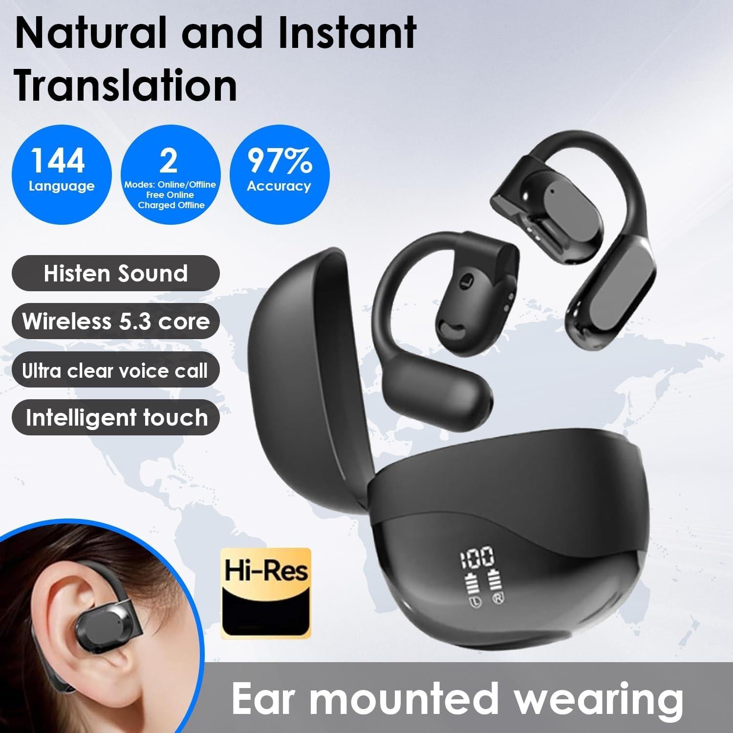 Auriculares Traductores AI Genérico 144 Idiomas Bluetooth Negro