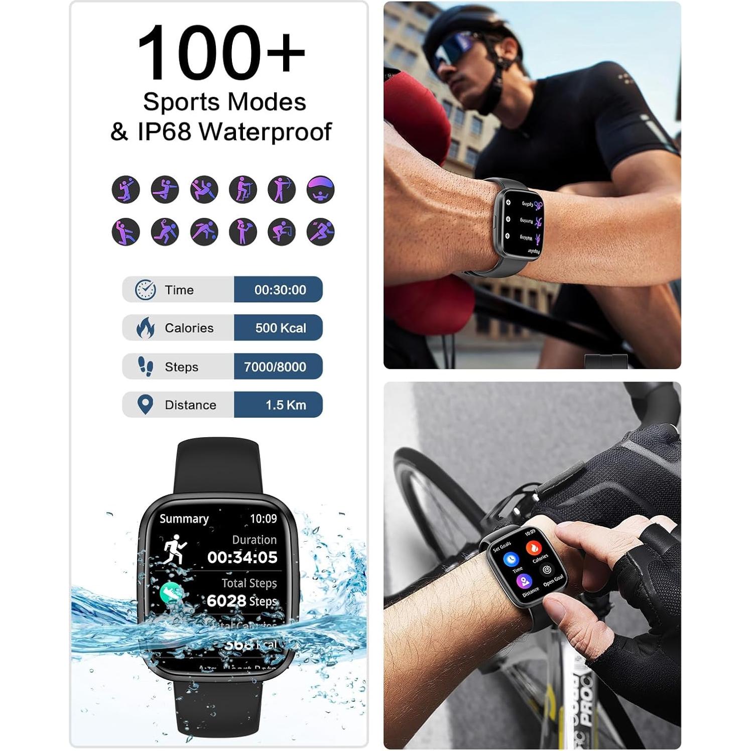 Reloj Inteligente EGQINR Negro 1.75" Bluetooth Monitor Salud