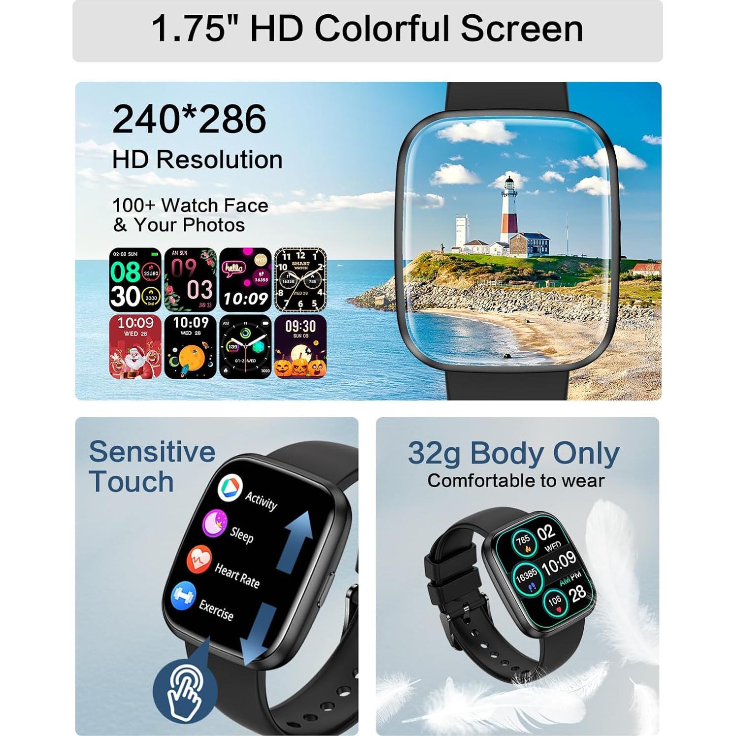 Reloj Inteligente EGQINR Negro 1.75" Bluetooth Monitor Salud