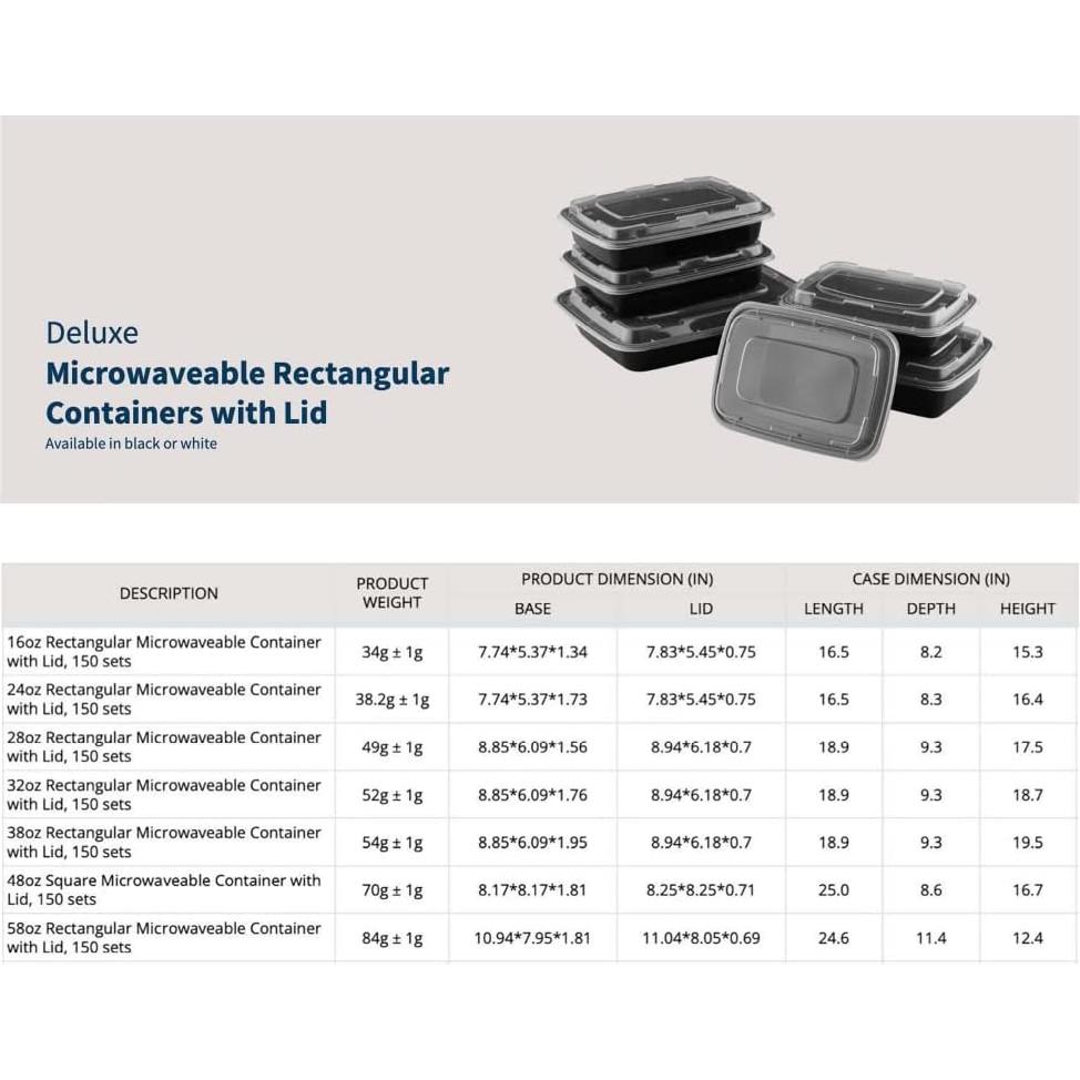 Contenedores de Comida TIYA 12 oz - Paquete de 150 Rectangulares