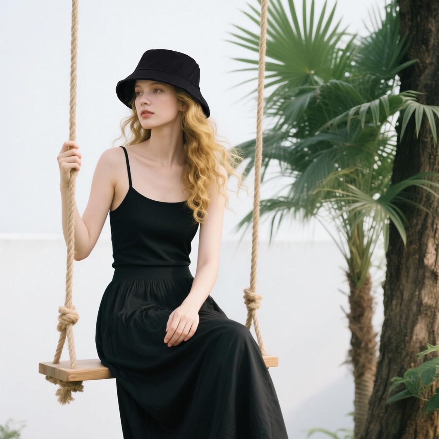 Sombrero de Cubo Unisex Algodón UPF 50% Negro para Verano