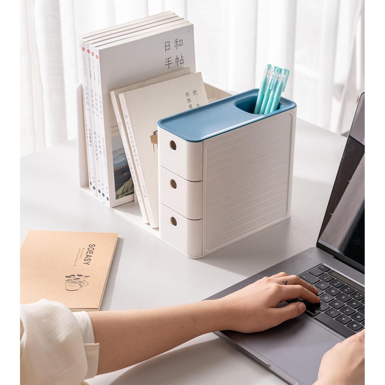 Organizador de Escritorio HKeeper Blanco y Azul con Soporte para Libros