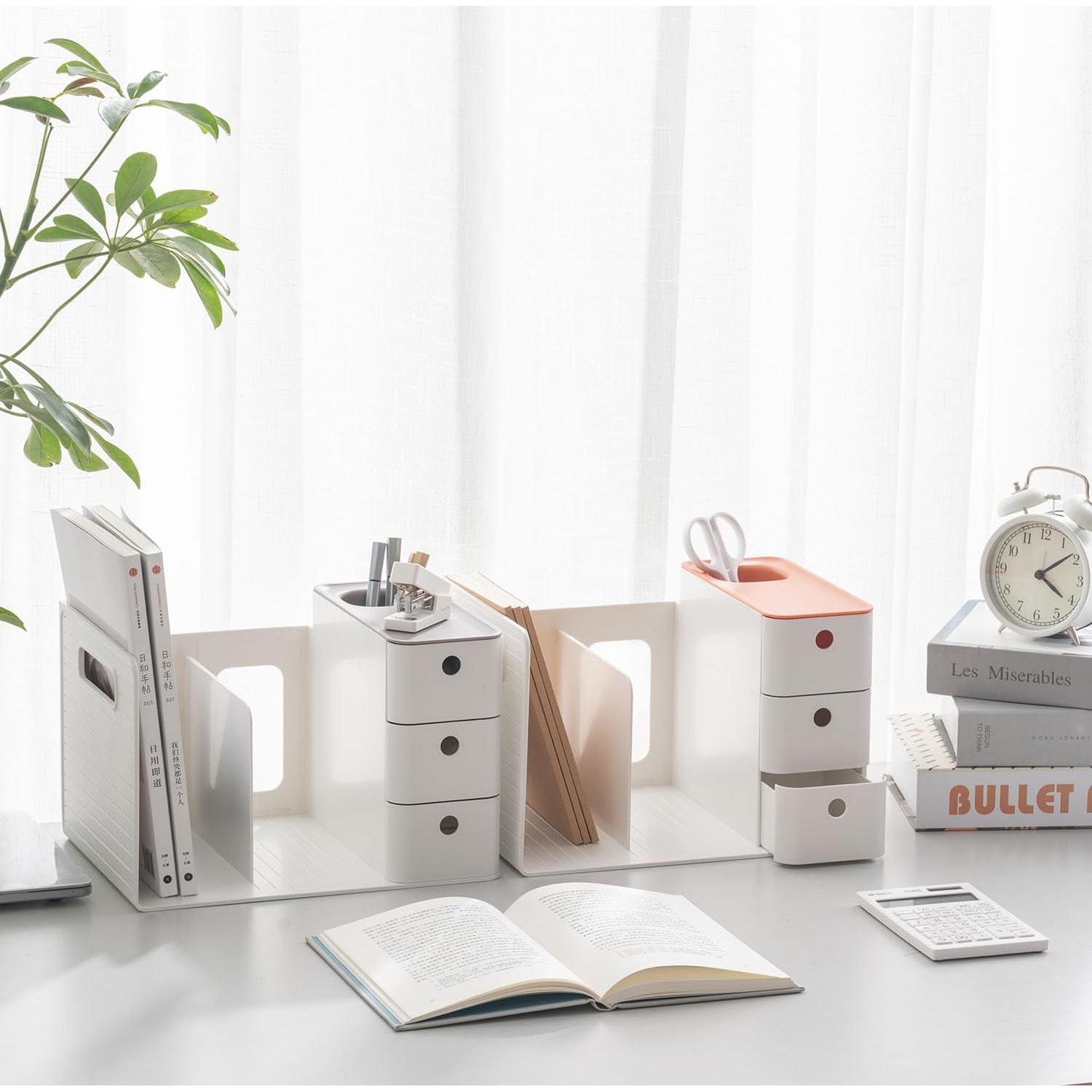 Organizador de Escritorio HKeeper Blanco y Azul con Soporte para Libros