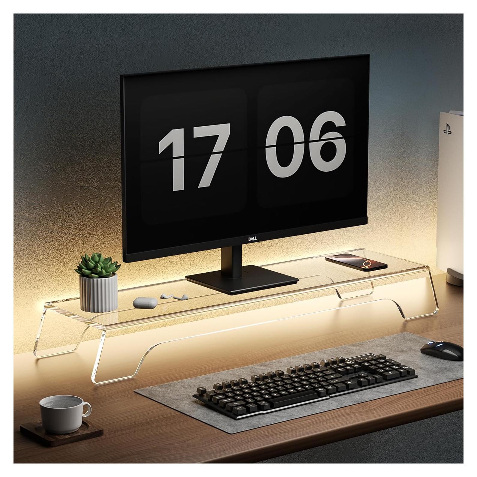 Soporte Elevador Doble para Monitor Acrílico 80 cm con Luz LED