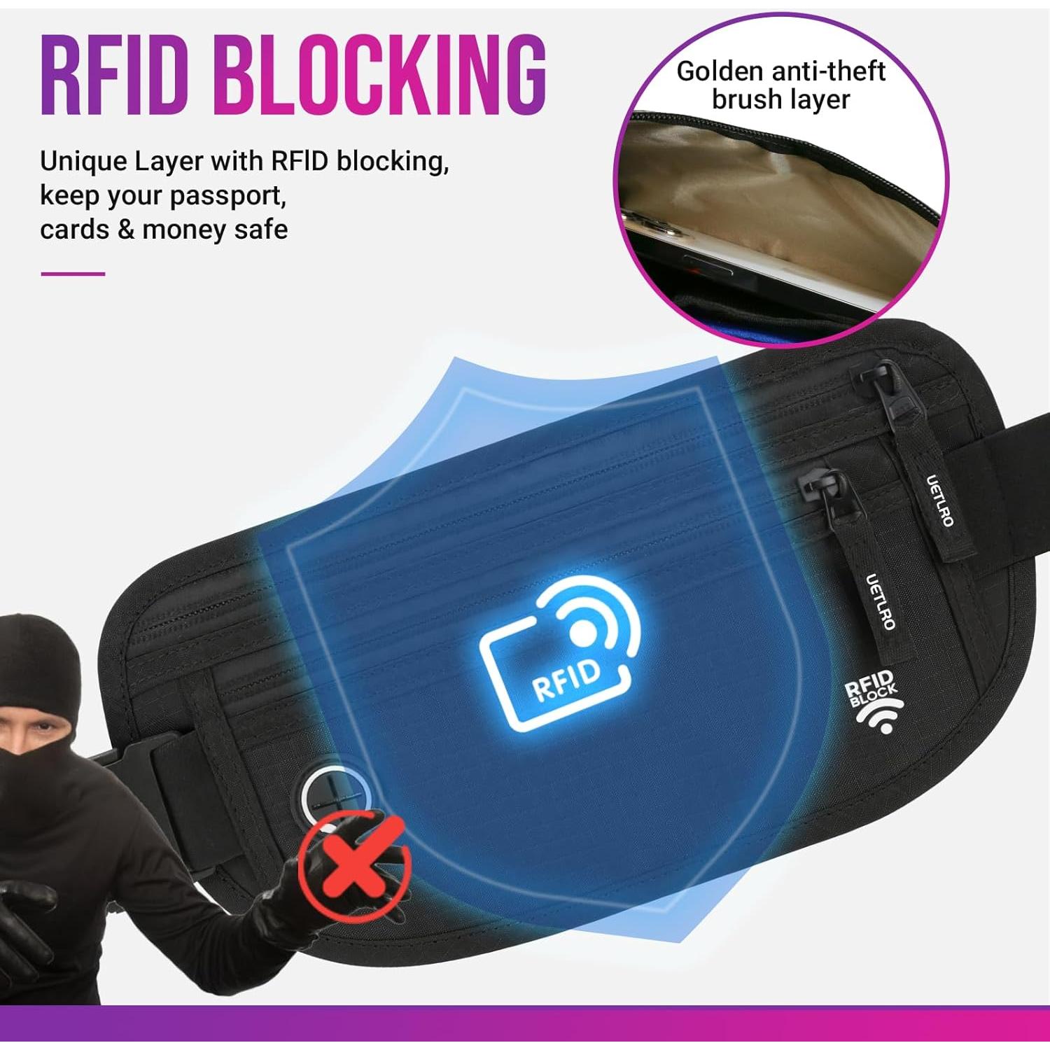 Cinturón de Dinero RFID UETLRO con Funda Bloqueadora - Negro