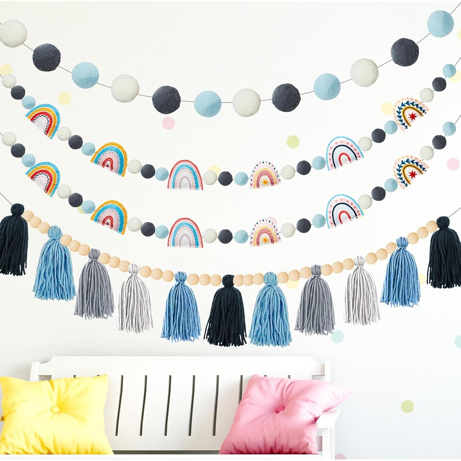 Guirnalda de Fieltro Boho QOUBAI 4 Pcs Decoración Aula Azul