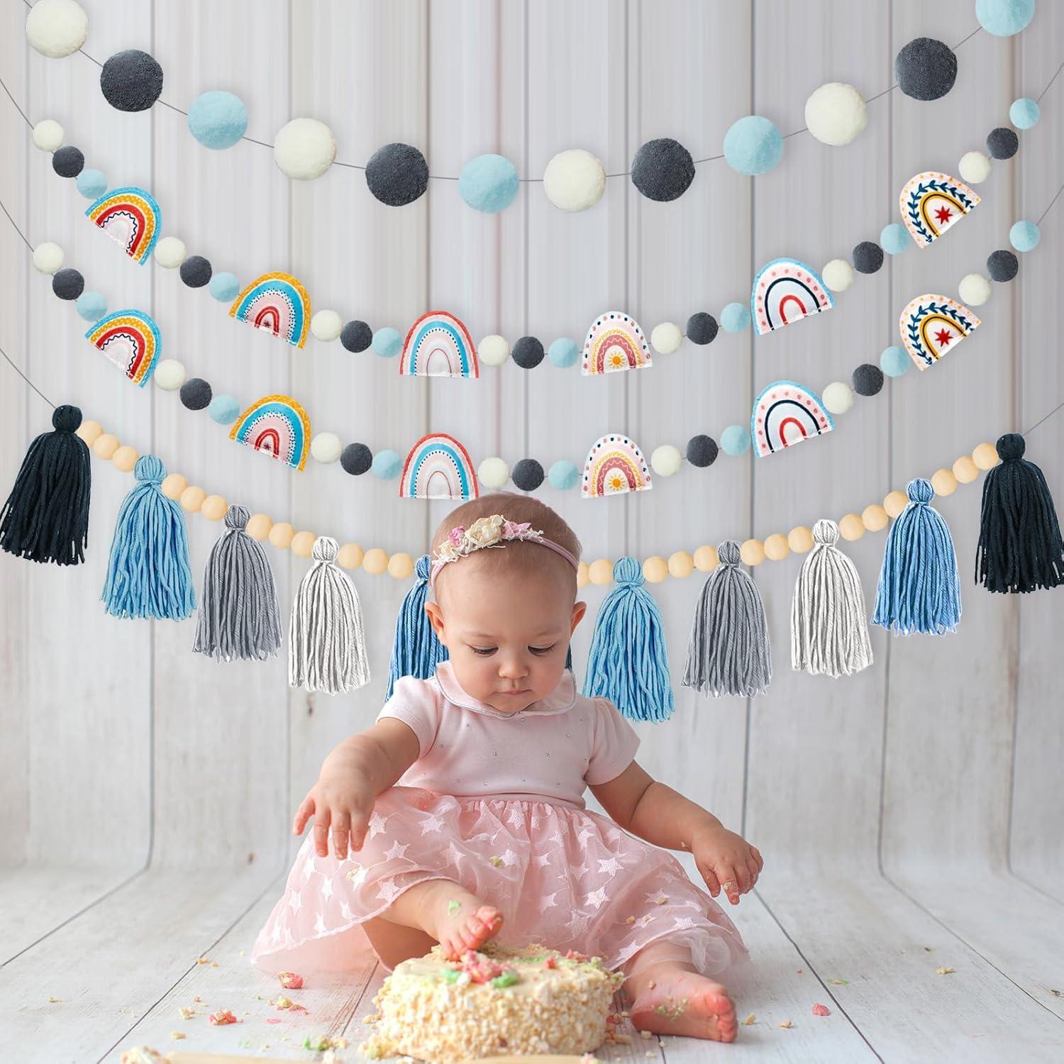 Guirnalda de Fieltro Boho QOUBAI 4 Pcs Decoración Aula Azul