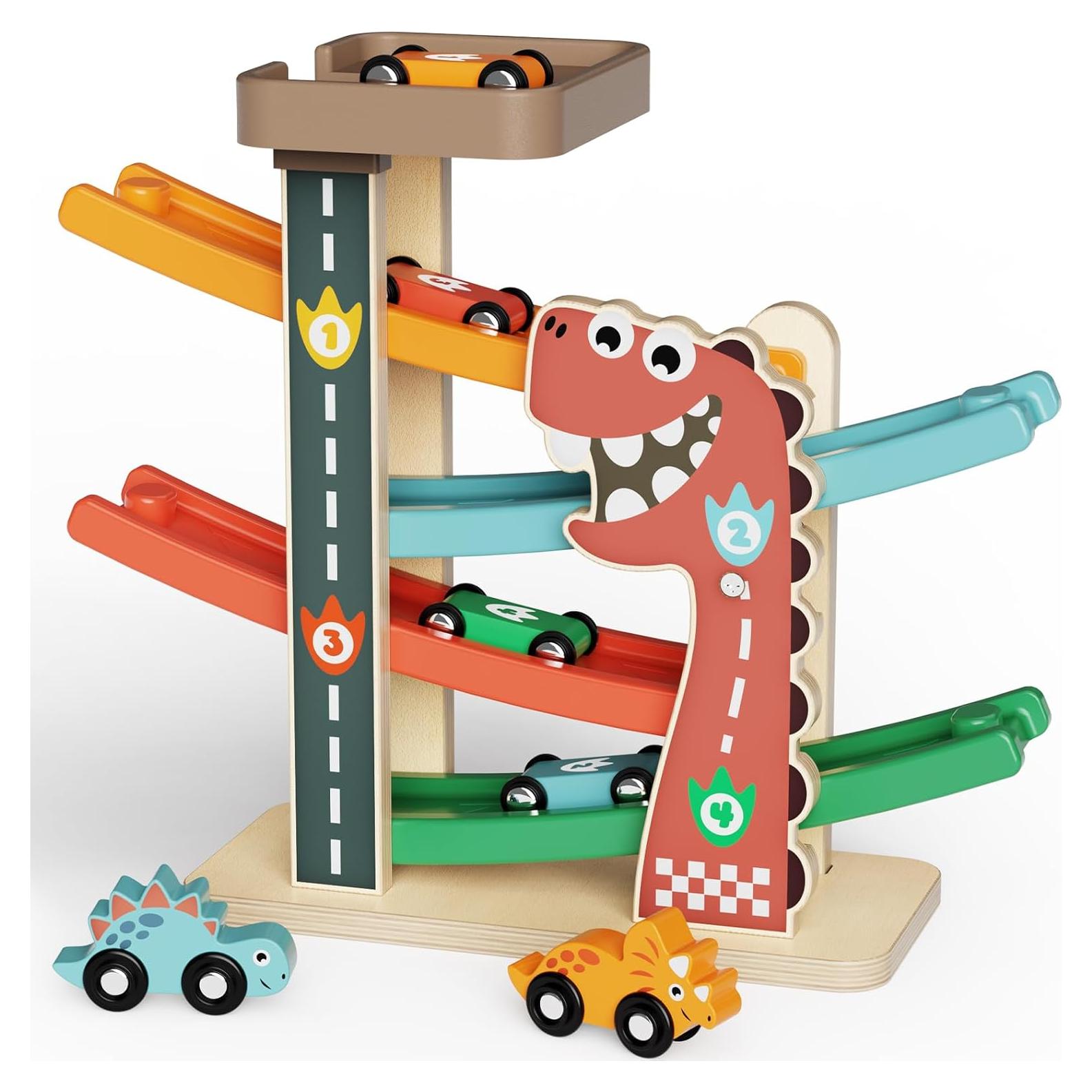 Pista de Carreras de Madera AmazingJoy con 6 Coches Dinosaurio