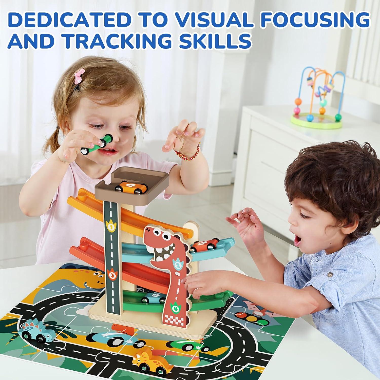 Pista de Carreras de Madera AmazingJoy con 6 Coches Dinosaurio