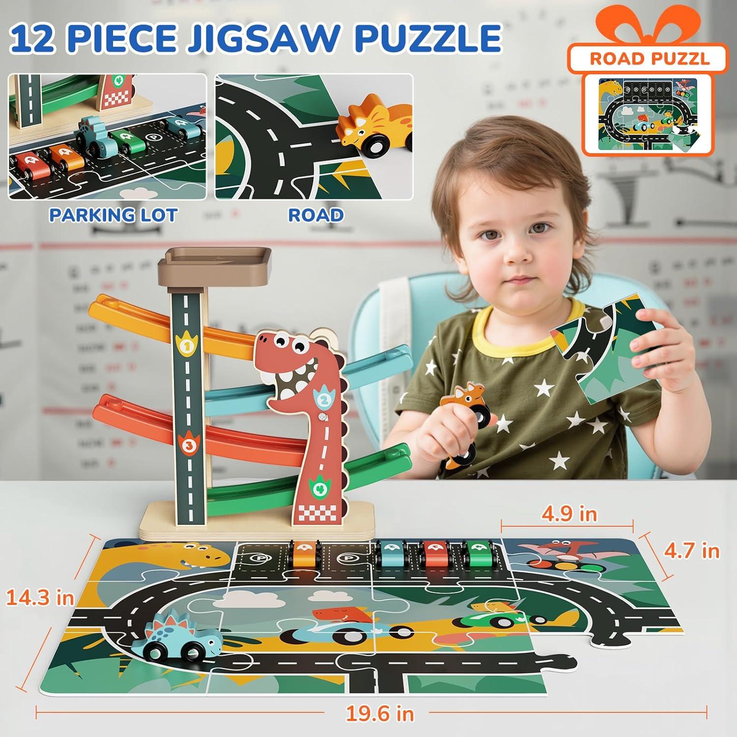 Pista de Carreras de Madera AmazingJoy con 6 Coches Dinosaurio