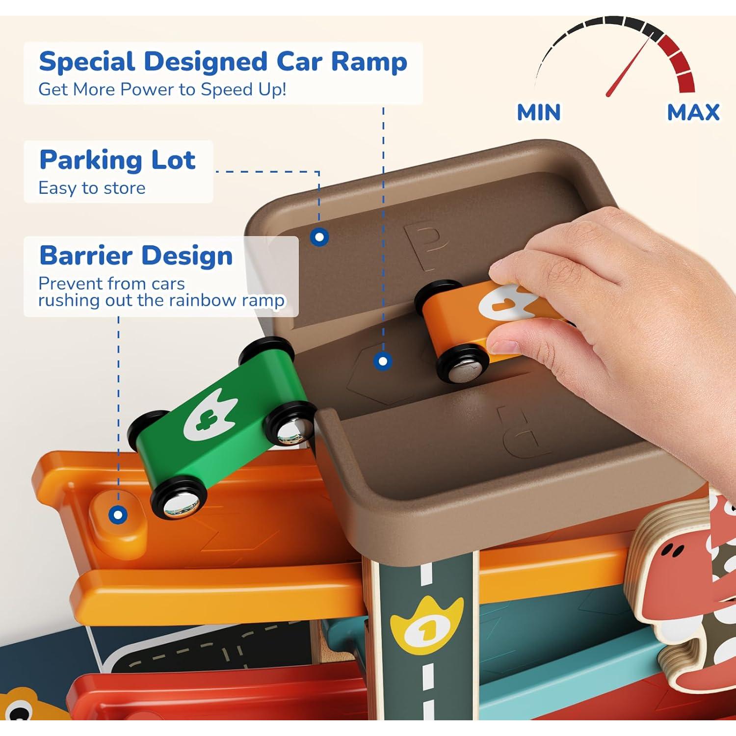 Pista de Carreras de Madera AmazingJoy con 6 Coches Dinosaurio