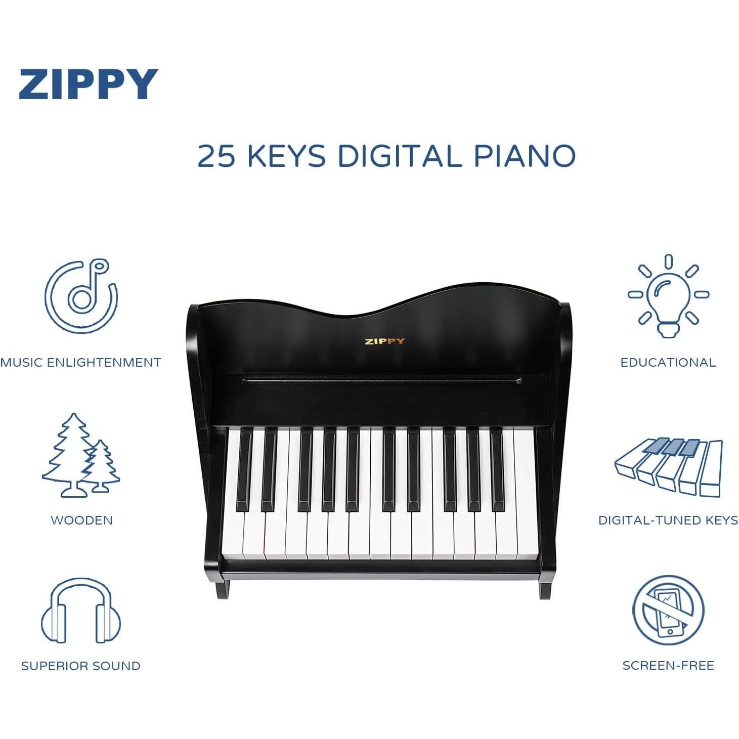 Piano Digital ZIPPY para Niños 25 Teclas Madera Negro
