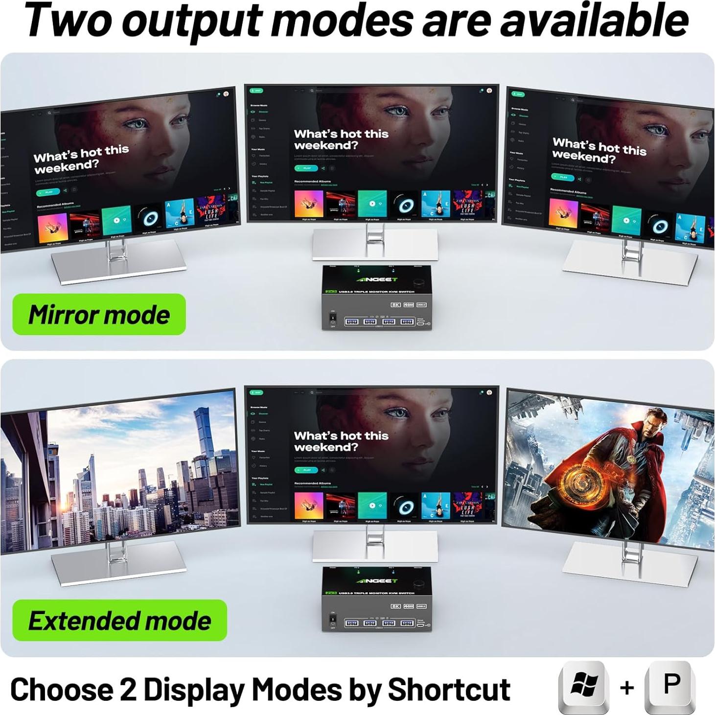 KVM Switch 3 Monitores ANGEET 8K@60Hz 4K@144Hz USB 3.0