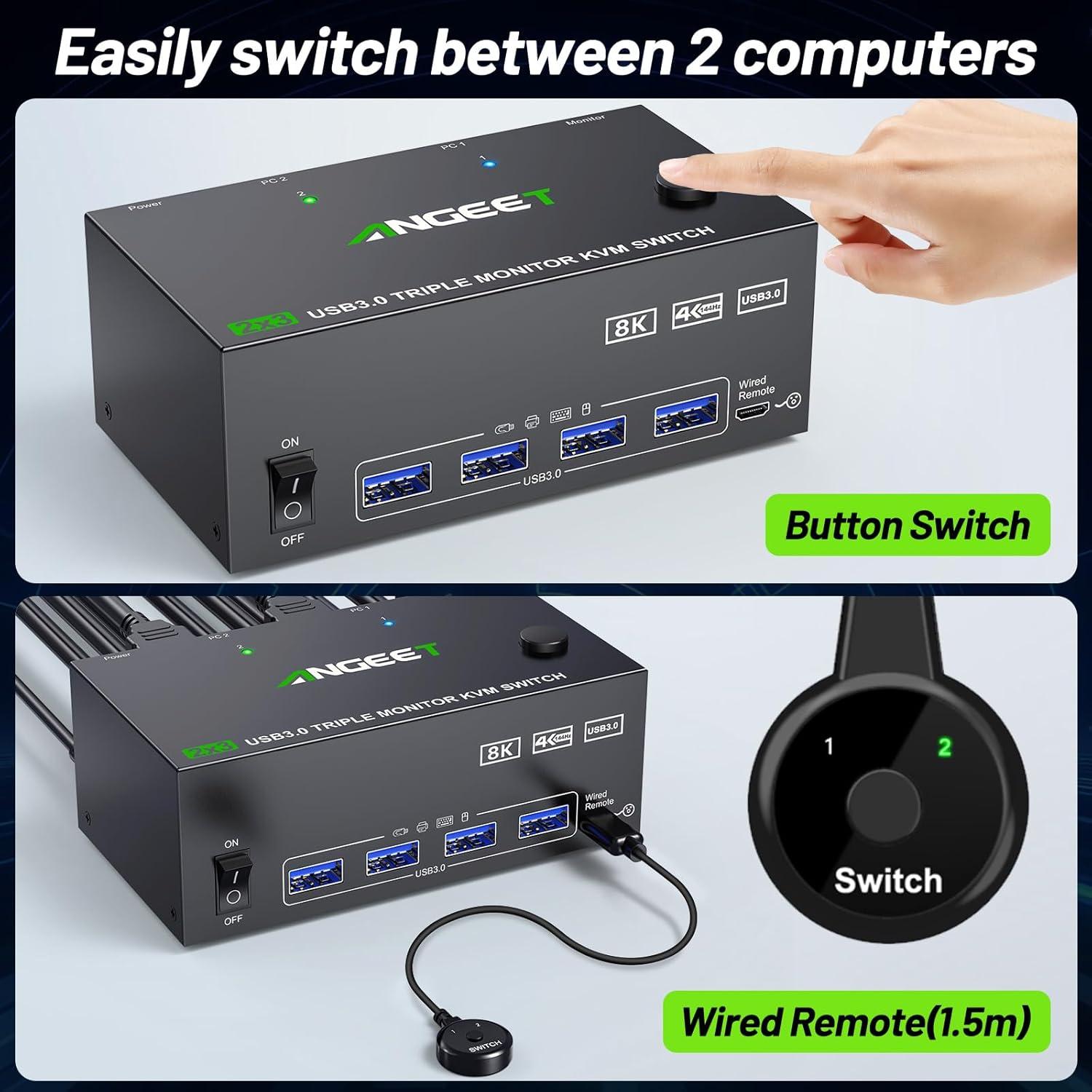 KVM Switch 3 Monitores ANGEET 8K@60Hz 4K@144Hz USB 3.0