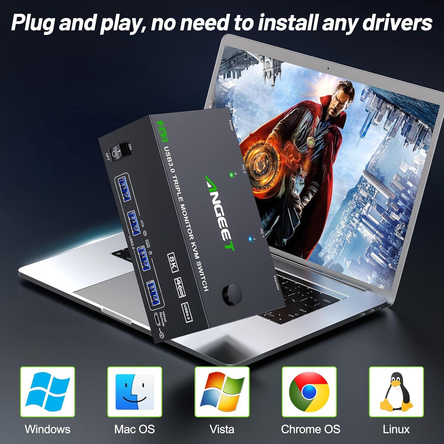 KVM Switch 3 Monitores ANGEET 8K@60Hz 4K@144Hz USB 3.0