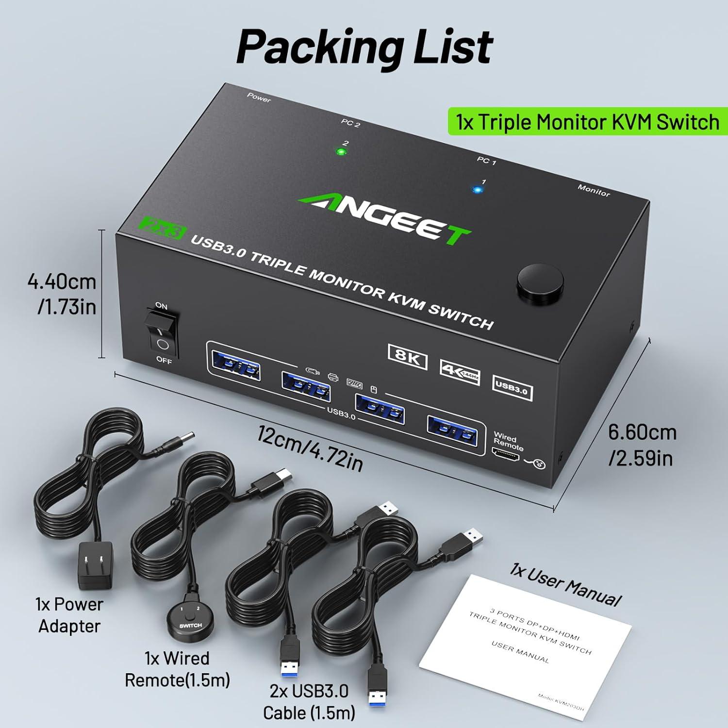 KVM Switch 3 Monitores ANGEET 8K@60Hz 4K@144Hz USB 3.0