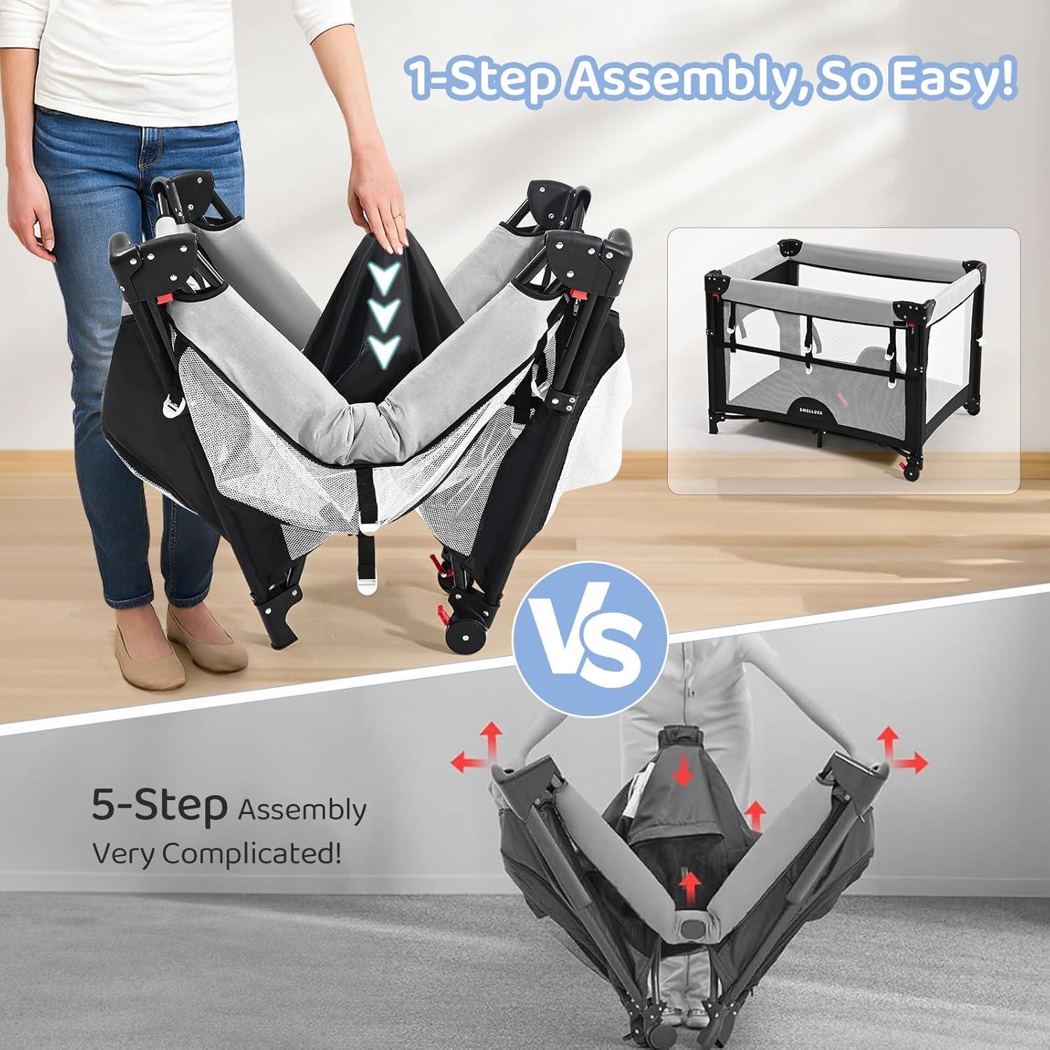 Cuna 5 en 1 Portátil para Bebés Gris - Cambiador y Parque Infantil