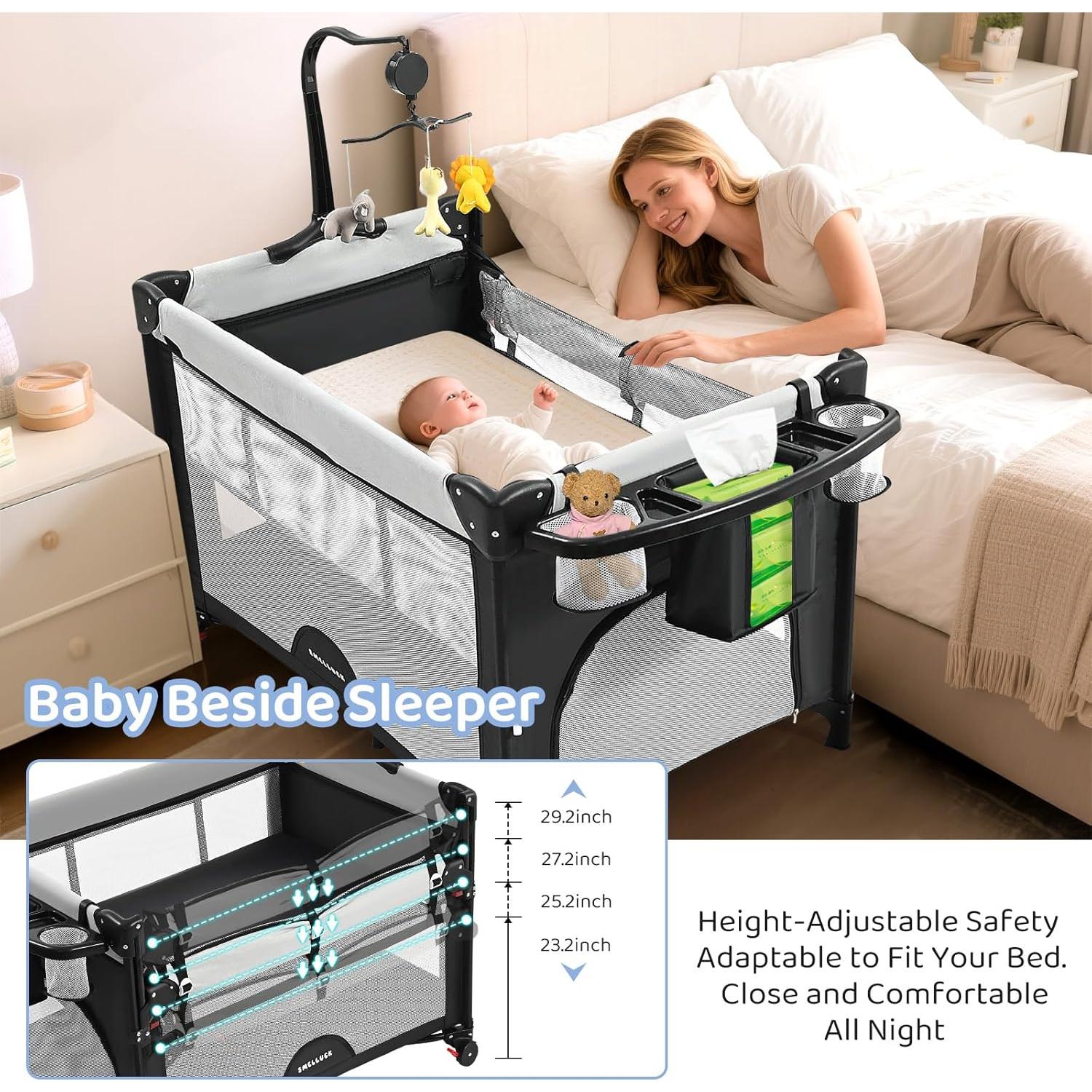 Cuna 5 en 1 Portátil para Bebés Gris - Cambiador y Parque Infantil