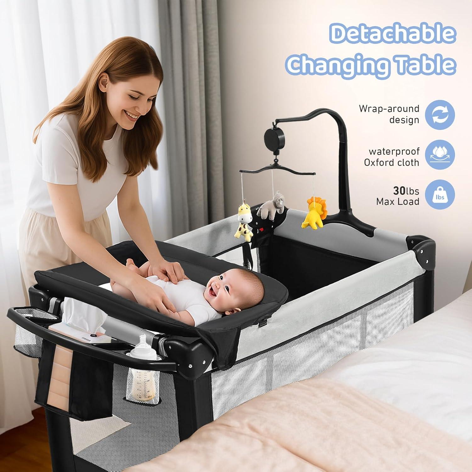 Cuna 5 en 1 Portátil para Bebés Gris - Cambiador y Parque Infantil