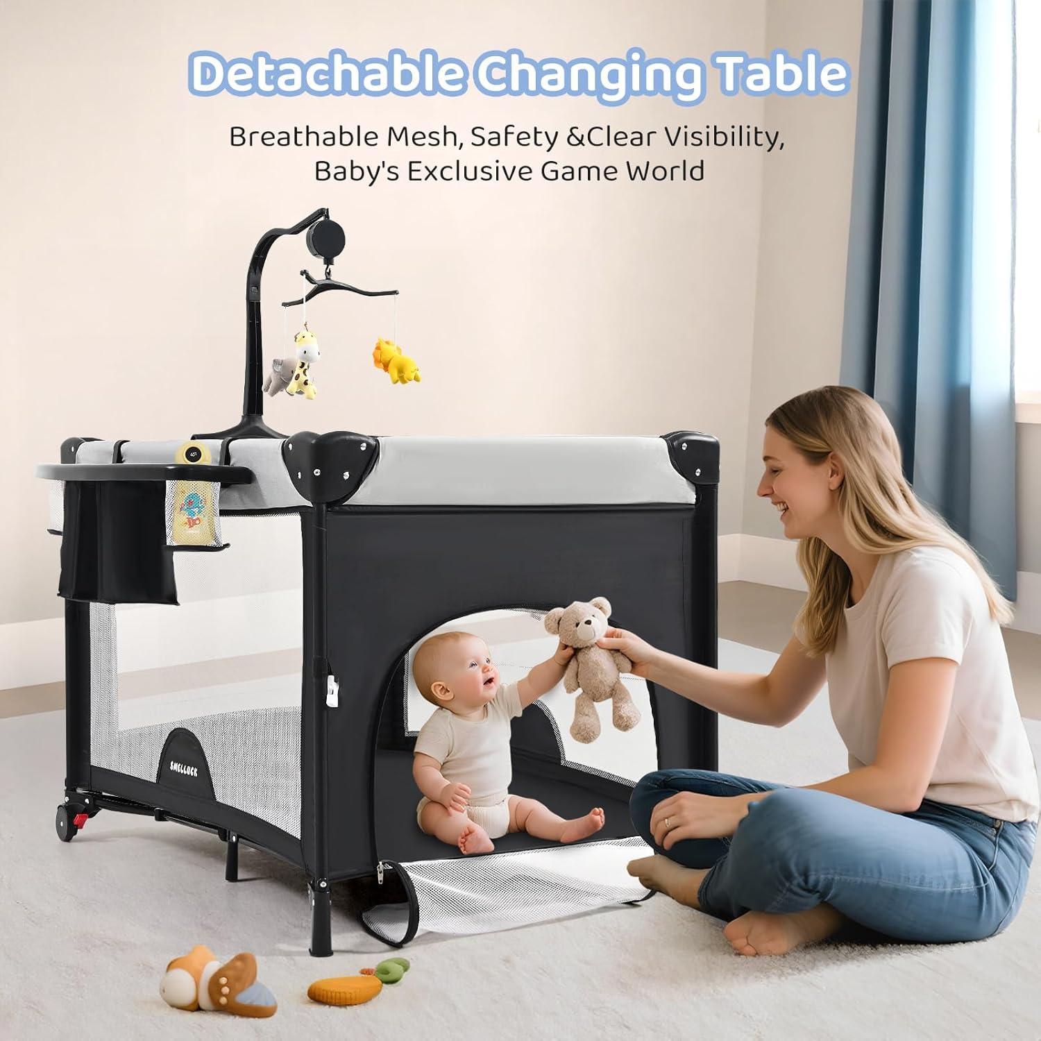 Cuna 5 en 1 Portátil para Bebés Gris - Cambiador y Parque Infantil