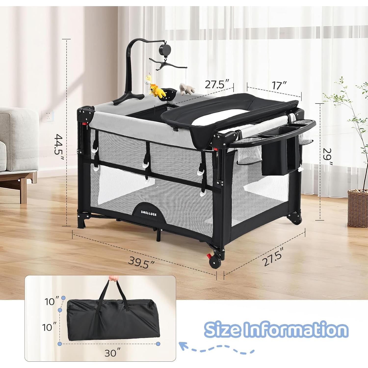 Cuna 5 en 1 Portátil para Bebés Gris - Cambiador y Parque Infantil