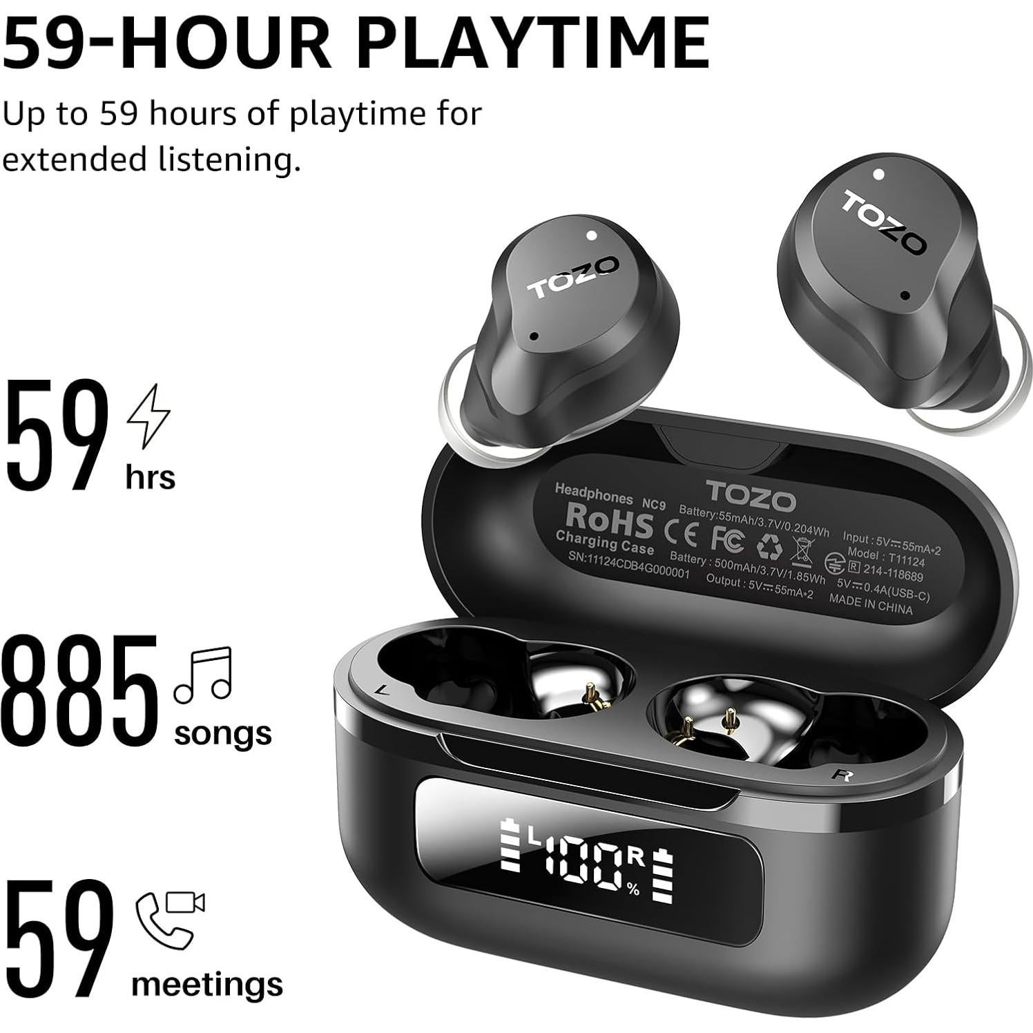 TOZO Auriculares Inalámbricos NC9 con ANC y 59H Reproducción