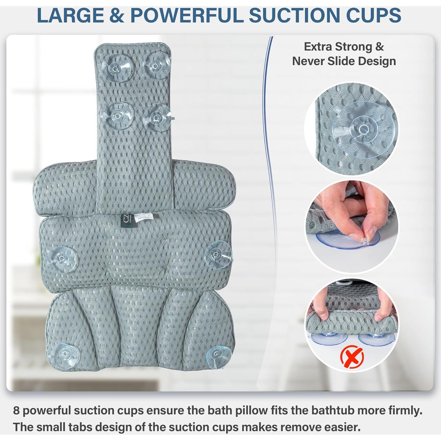 Almohada de Baño CZL Gris con Soporte Ergonómico y Ventosas