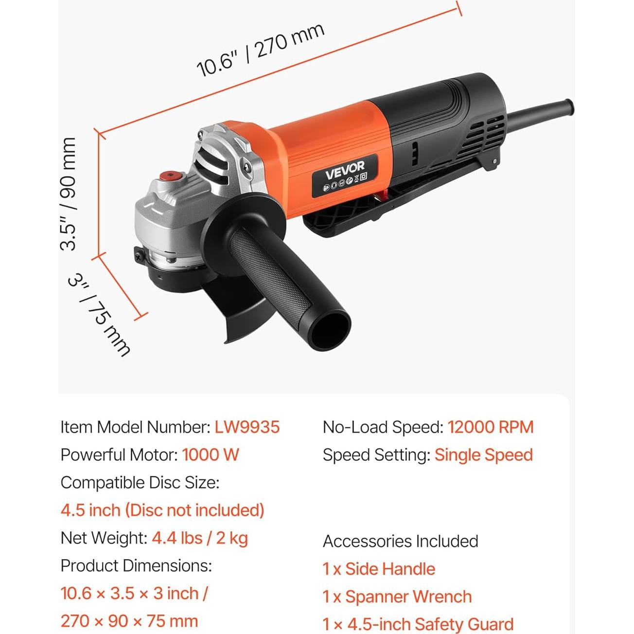 Amoladora Angular VEVOR 1000W 4.5" 12000RPM con Protector Ajustable