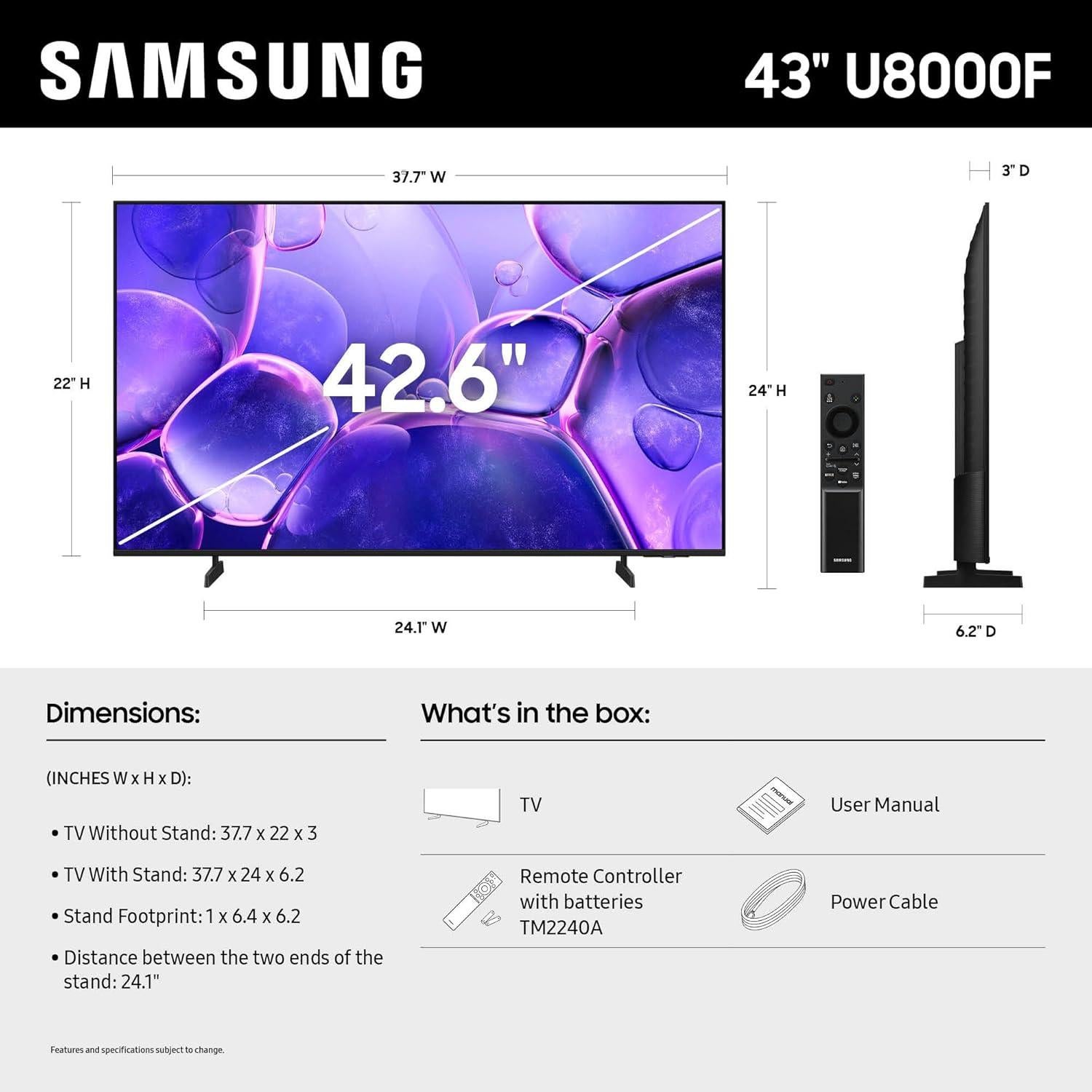 Samsung Televisor Inteligente 4K U8000F 43" (Modelo 2025) - Seguridad Knox, Alexa