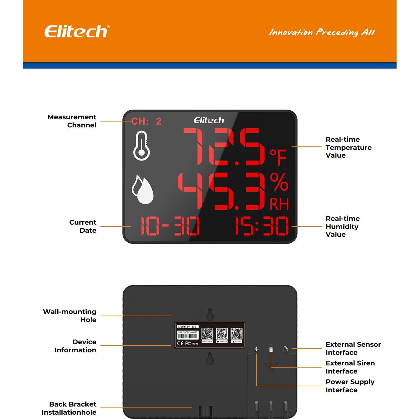 Termómetro Higrómetro Bluetooth Elitech DR-230-THDE Doble Sensor