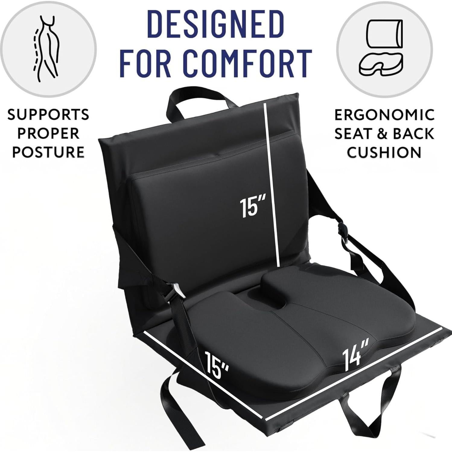 Cojín de Asiento y Respaldo de Estadio Everlasting Comfort - Plegable, Ergonómico, Negro