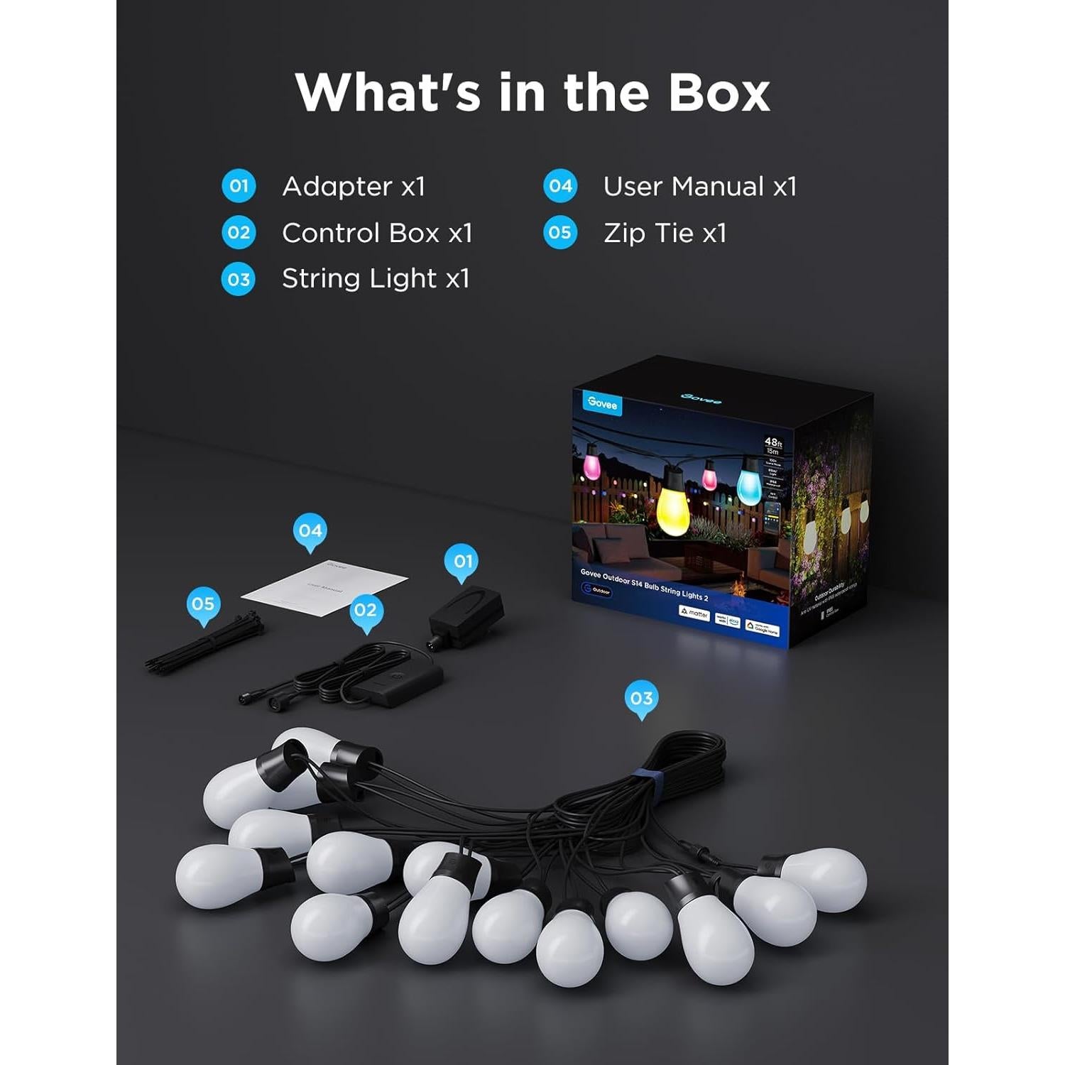 Govee S14 Luces de Cadena Exterior 14.63m RGBIC IP66