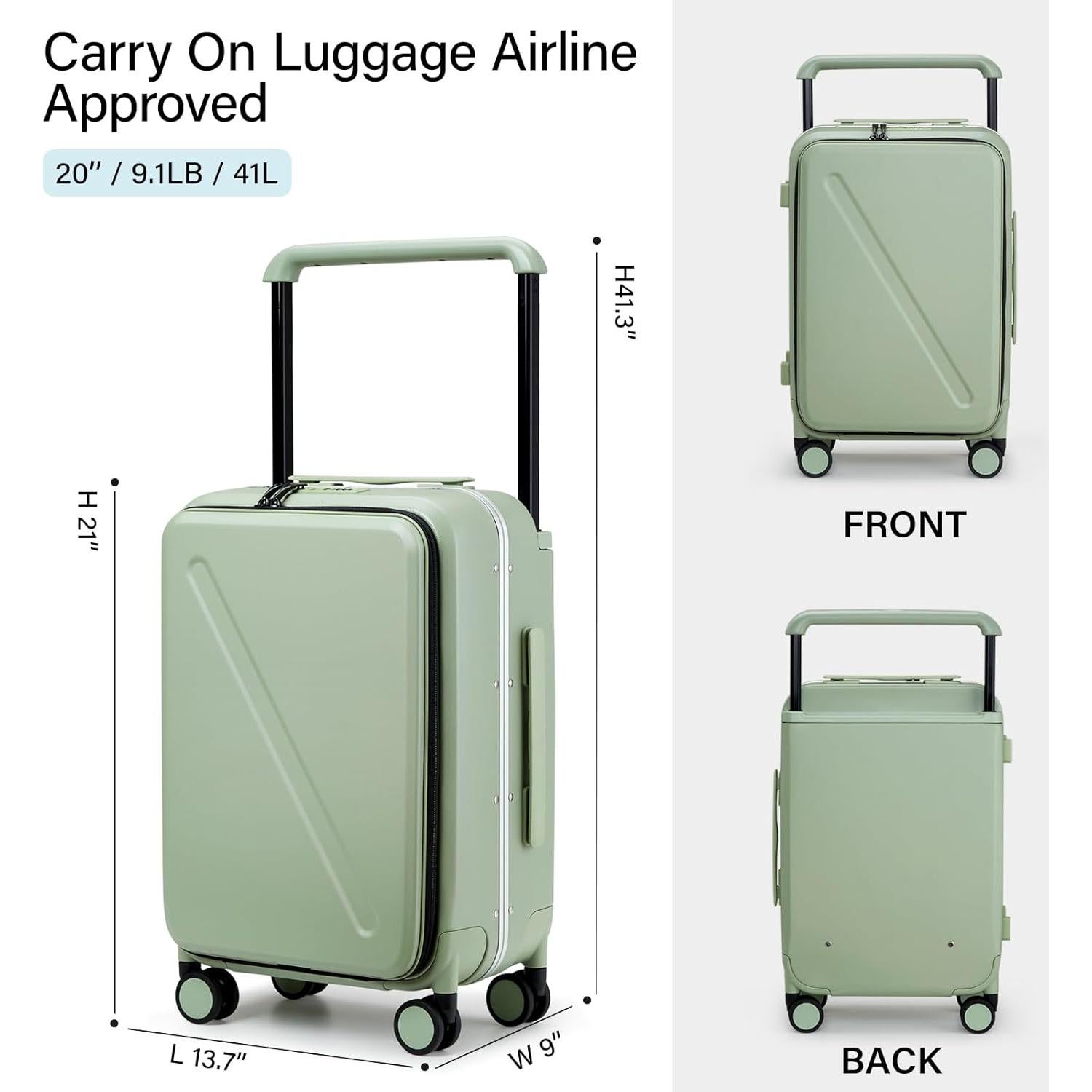 Maleta de Mano MILADA 20" Verde Bambú con Ruedas y Asa Ancha