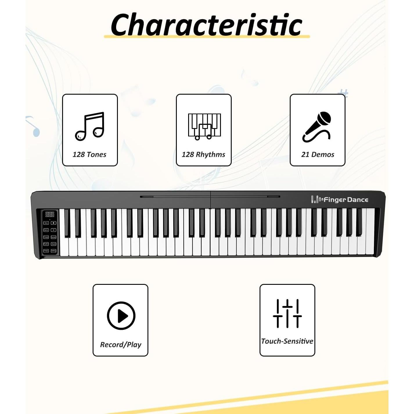 Piano Teclado Plegable 61 Teclas Bora FD-61K Bluetooth Negro