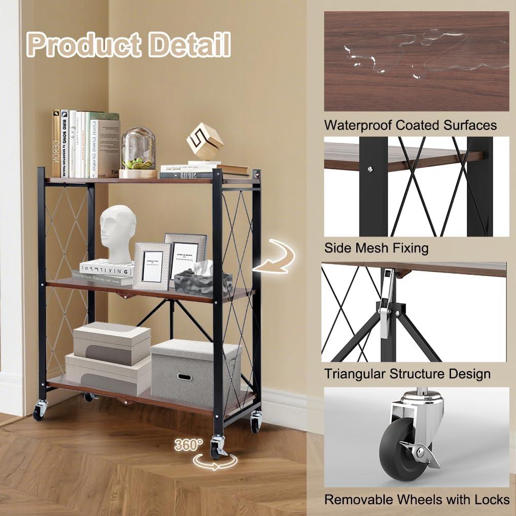 Estantería Plegable Hershii de 3 Niveles con Ruedas - Marrón Oscuro