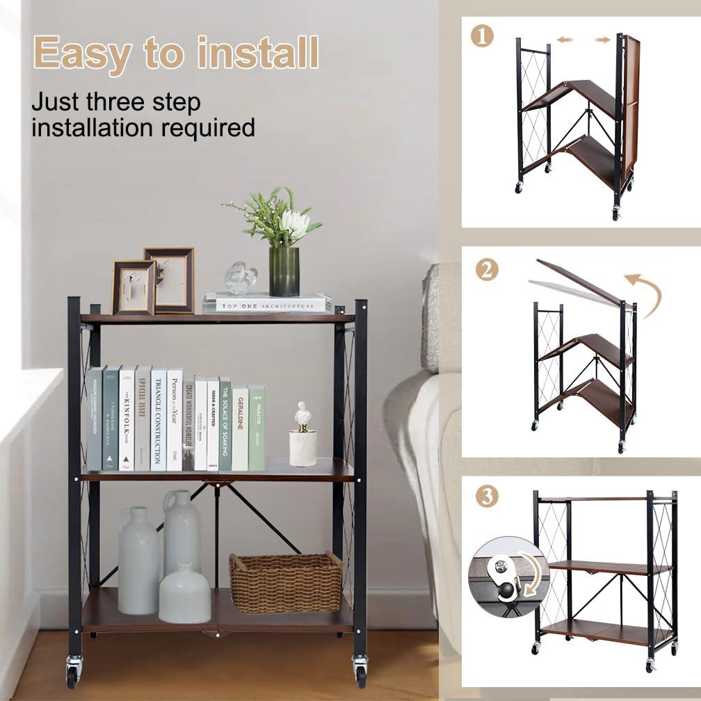 Estantería Plegable Hershii 3 Niveles con Ruedas 70x34x92cm