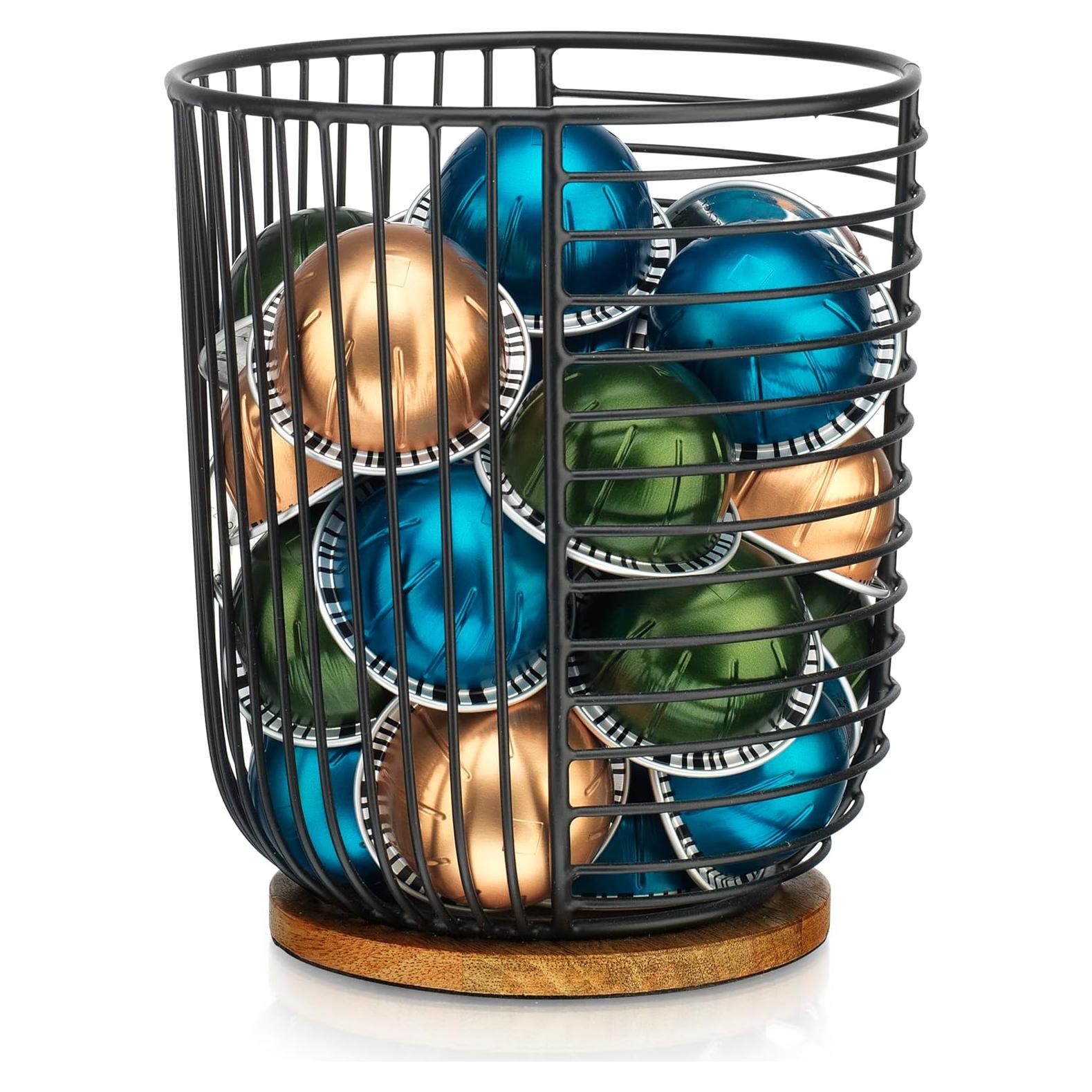 Soporte para cápsulas de café Home Essentials 89356 - Almacenamiento cilíndrico negro con base de madera