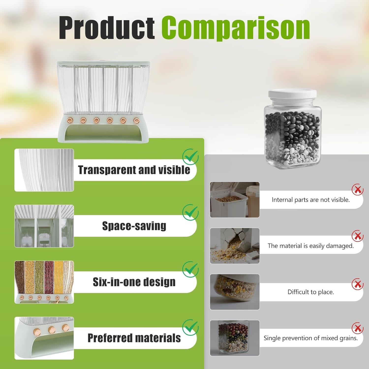 Dispensador de Granos Ageanbri 10kg 6 Compartimentos Verde Claro